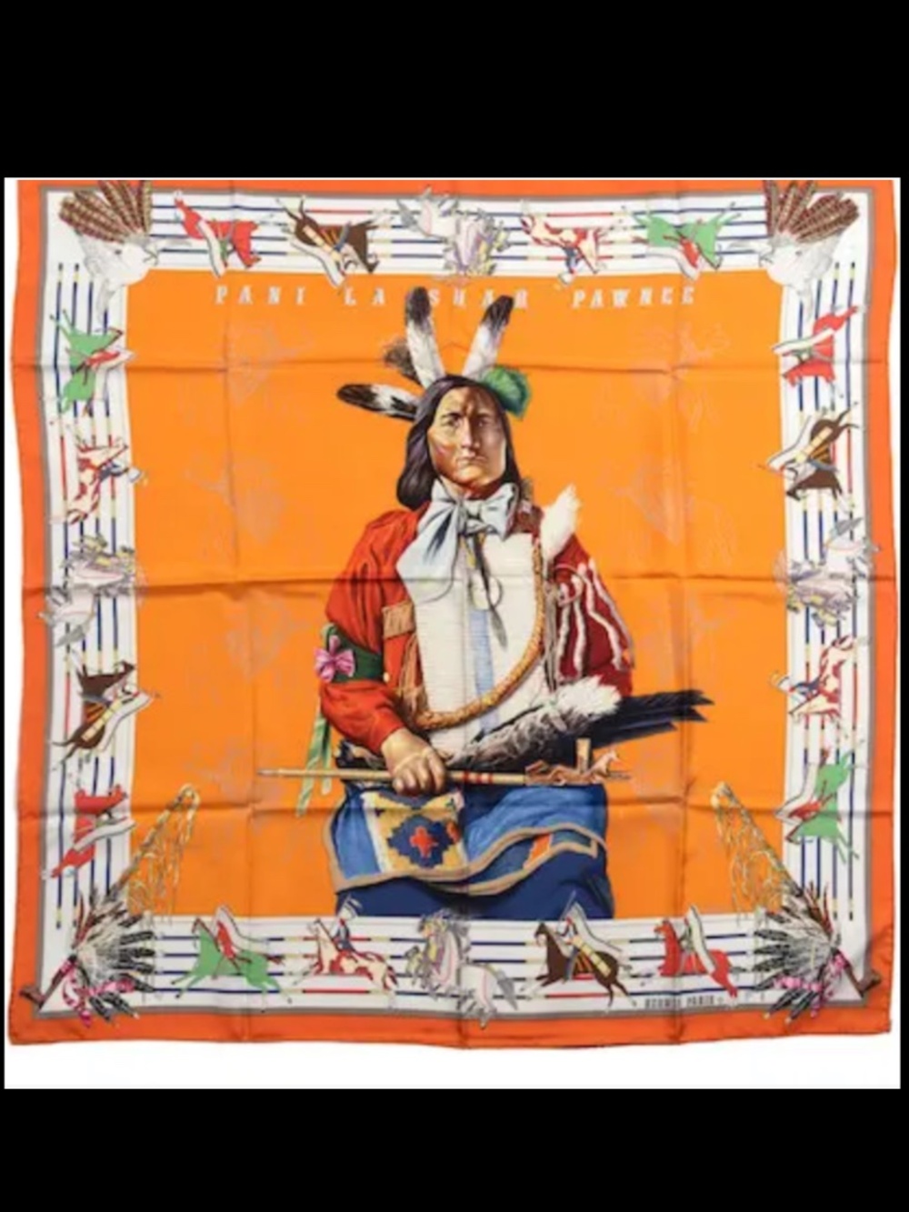 Hermès "Pani La Shar Pawnee" Silk Scarf by Kermit Oliver, Orange 90cm